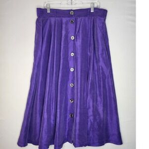 Womans Silk Midi Skirt Large Purple Pleated Button‎ Front A- Line Pockets